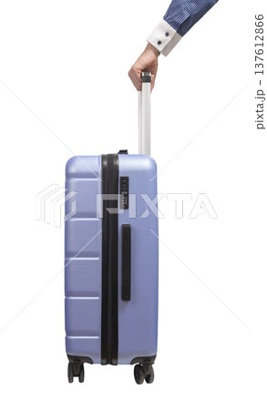 Male hand holding suitcase. Side view of businessman gripping wheeled carry-on with handle, isolated Male hand holding suitcase. Side view of businessman gripping wheeled carry-on with handle, isolated 137612866
