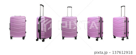 Set of pink hard shell suitcases with wheels and telescopic handles, different angles isolated on 137612918