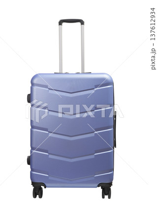 Suitcase front view. Giant four-wheeled carry-on in blue and purple with telescopic handle, hard 137612934