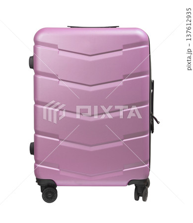 Suitcase front view. Large pink hardcase luggage with four wheels and hardshell polycarbonate body, 137612935