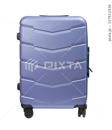 Suitcase front view. Large wheeled hardcase luggage in blue and purple with durable shell and Suitcase front view. Large wheeled hardcase luggage in blue and purple with durable shell and 137612936