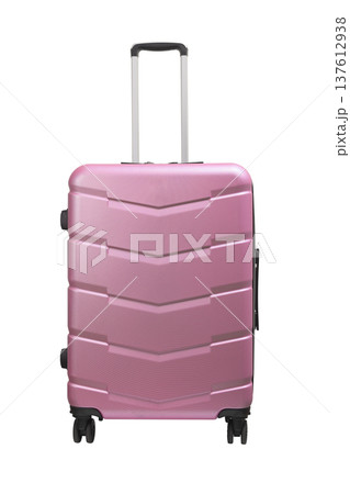 Suitcase front view. Pink four-wheeled cabin case with telescopic handle, hard polycarbonate shell 137612938