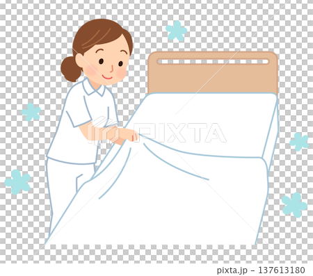 女性護理員正在更換床單,護士,護理員 女性護理員正在更換床單,護士,護理員 137613180