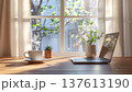 Remote working, spring. serene morning scene with steaming cup of coffee, laptop, and potted plants on wooden table by sunlit window 137613190