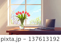 Remote working, spring. serene workspace with laptop, notebook, and vase of tulips on wooden table by sunlit window 137613192