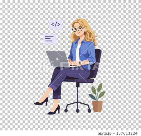 A woman programs on a laptop. A woman programs on a laptop. 137613224