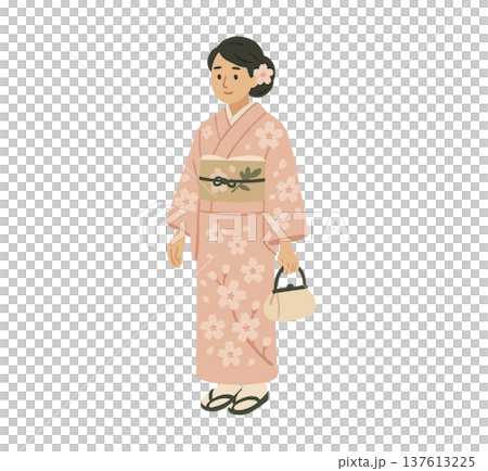 A woman wearing a pink floral kimono A woman wearing a pink floral kimono 137613225