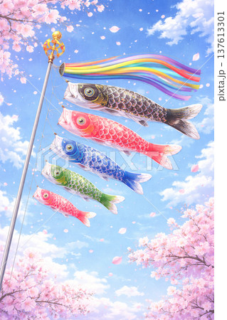 桜と空を泳ぐ鯉のぼり 137613301