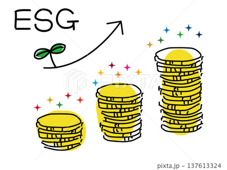 ESGイメージ、増えるコインとSDGsカラーのキラキラ ESGイメージ、増えるコインとSDGsカラーのキラキラ 137613324