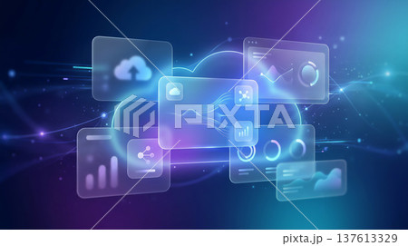 クラウドとデータ分析を表すデジタル技術イメージ 137613329
