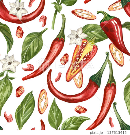 A seamless watercolor pattern featuring chili peppers, cayenne peppers, flowers, and leaves. All hand-painted in watercolor. Organic food design for kitchen wallpaper, textiles, and menu boards. A seamless watercolor pattern featuring chili peppers, cayenne peppers, flowers, and leaves. All hand-painted in watercolor. Organic food design for kitchen wallpaper, textiles, and menu boards. 137613413