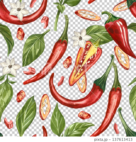 A seamless watercolor pattern featuring chili peppers, cayenne peppers, flowers, and leaves. All hand-painted in watercolor. Organic food design for kitchen wallpaper, textiles, and menu boards. A seamless watercolor pattern featuring chili peppers, cayenne peppers, flowers, and leaves. All hand-painted in watercolor. Organic food design for kitchen wallpaper, textiles, and menu boards. 137613413
