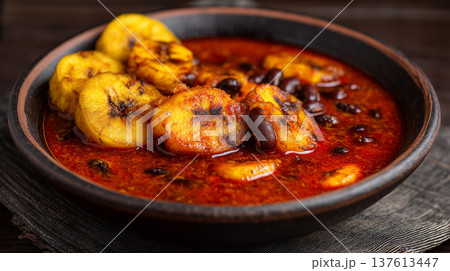 Traditional Ghanaian Red Red Bean Stew with Plantains 137613447