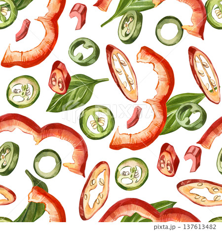 A seamless watercolor pattern featuring slices of red and green chili peppers, jalapenos, and bell peppers. Hand-painted in watercolor, it's perfect for textile wallpaper and backgrounds in kitchen. A seamless watercolor pattern featuring slices of red and green chili peppers, jalapenos, and bell peppers. Hand-painted in watercolor, it's perfect for textile wallpaper and backgrounds in kitchen. 137613482