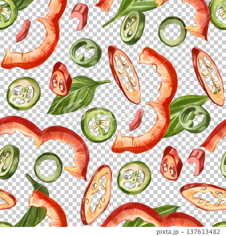 A seamless watercolor pattern featuring slices of red and green chili peppers, jalapenos, and bell peppers. Hand-painted in watercolor, it's perfect for textile wallpaper and backgrounds in kitchen. A seamless watercolor pattern featuring slices of red and green chili peppers, jalapenos, and bell peppers. Hand-painted in watercolor, it's perfect for textile wallpaper and backgrounds in kitchen. 137613482