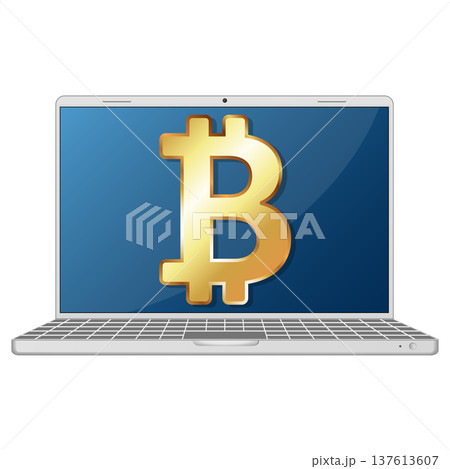 A laptop with a golden Bitcoin symbol on the screen A laptop with a golden Bitcoin symbol on the screen 137613607
