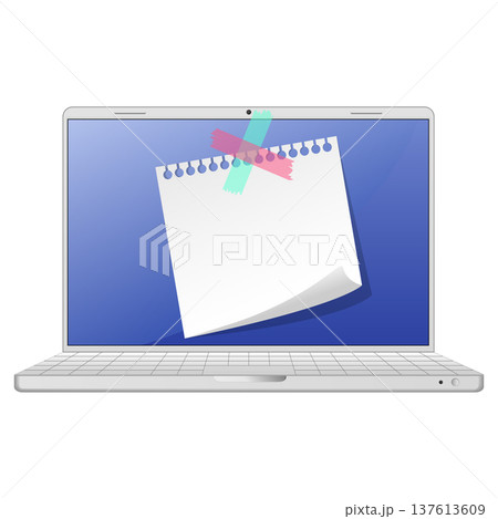 A laptop with a sticky note stuck to the screen A laptop with a sticky note stuck to the screen 137613609