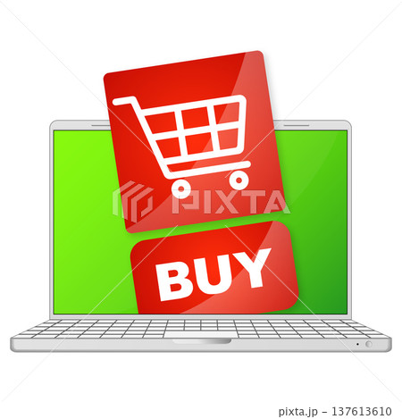 An open laptop with a red button with an online shopping cart on the screen 137613610