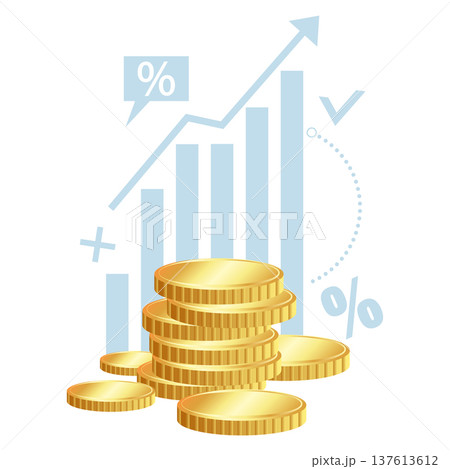 Gold coins against the backdrop of a market growth chart 137613612