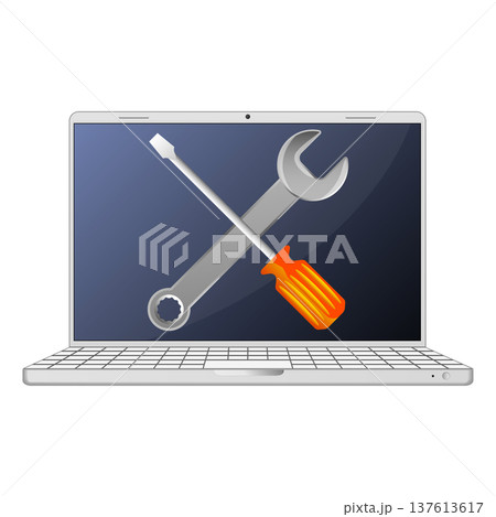 Screwdriver and wrench on laptop screen, repair and service Screwdriver and wrench on laptop screen, repair and service 137613617
