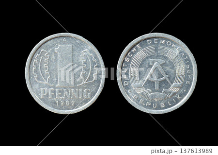 East Germany 1 Pfennig Coin 1989 Aluminum DDR Currency Obverse and Reverse Sides Isolated on Black Background 137613989