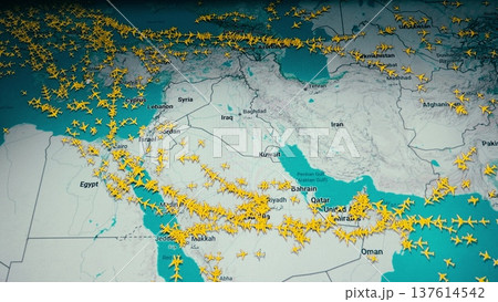 Air Traffic Map On Computer Screen Showing Flights Avoiding Iran And Middle East Airspace 137614542