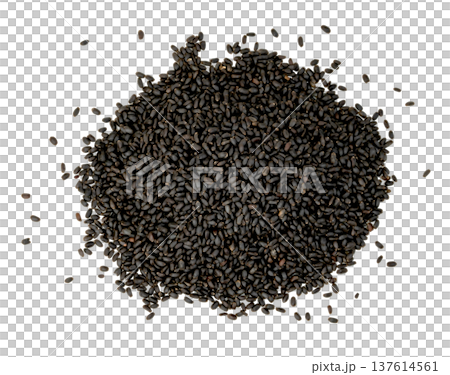 Top view of a pile of dry black basil seeds isolated. Organic sabja seeds or sweet basil seeds used in healthy drinks and desserts. High quality studio macro photography. 137614561