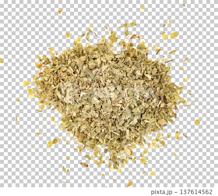 Top view of a pile of dried oregano leaves isolated. This Mediterranean herb is a common spice used in cooking Italian and Greek cuisine for flavoring pizza and pasta recipes. 137614562