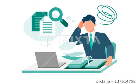 山積みの書類から必要な情報が探せず困惑するスーツの男性 137614759