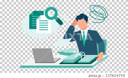 山積みの書類から必要な情報が探せず困惑するスーツの男性 137614759