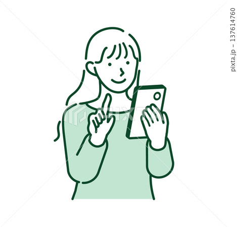 スマートフォンを楽しむカジュアルな服装の若い女性の線画 137614760