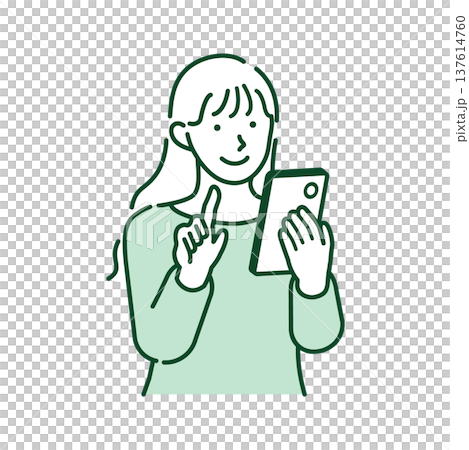 スマートフォンを楽しむカジュアルな服装の若い女性の線画 137614760