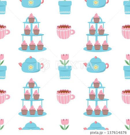 Sweet tea party seamless pattern with cupcake stand and teapot 137614876