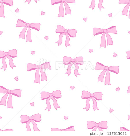 Seamless pattern coquette bow pink. Background Bows and ribbons for hair decoration, celebration party items, gift packaging, present cards and luxury wrap pack. Seamless pattern coquette bow pink. Background Bows and ribbons for hair decoration, celebration party items, gift packaging, present cards and luxury wrap pack. 137615031