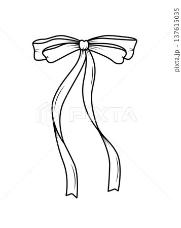Cute bow and doodle contour ribbon on a white background. Vector illustration of hair jewelry, gift. 137615035