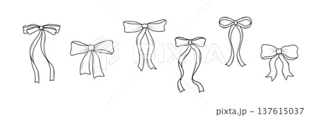 Bows and ribbons set of doodle icons. Coquette bow black outline for hair decoration, celebration party items, gift packaging, present cards and luxury wrap pack. Isolated on white background. Bows and ribbons set of doodle icons. Coquette bow black outline for hair decoration, celebration party items, gift packaging, present cards and luxury wrap pack. Isolated on white background. 137615037