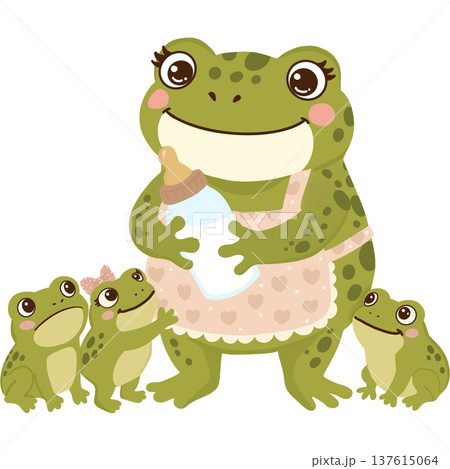 Adorable mother frog wearing a cute apron while feeding milk from a baby bottle to her little frog babies. 137615064