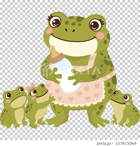 Adorable mother frog wearing a cute apron while feeding milk from a baby bottle to her little frog babies. 137615064