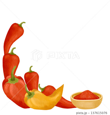 Hand-drawn watercolor hot chili pepper and chili powder spice ready to use composition for product design 137615076