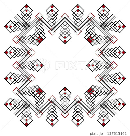 Abstract square frame of intertwined lines and squares. Geometric serrated design element. Contrast black red square decor. Monochrome complex design Abstract square frame of intertwined lines and squares. Geometric serrated design element. Contrast black red square decor. Monochrome complex design 137615161