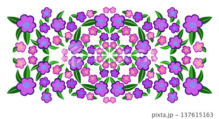 Rectangle ethnic ornament Kaleidoscope pattern of flowers. Folk floral ornament. Purple pink flowers 137615163
