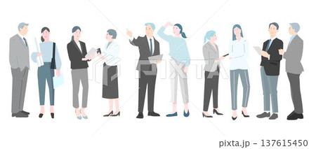 様々な姿勢で立つ男女グループービジネスパーソンービジネスチームのベクターイラスト素材 137615450