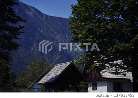 Traditional alpine house with a scenic mountain background near Lake Bohinj Traditional alpine house with a scenic mountain background near Lake Bohinj 137615455