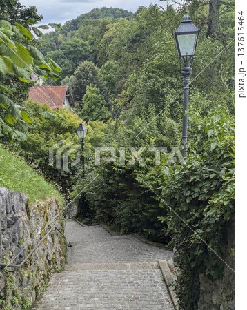 Scenic panoramic view of the town of Kamnik with the old castle on the hill in Slovenia Scenic panoramic view of the town of Kamnik with the old castle on the hill in Slovenia 137615464