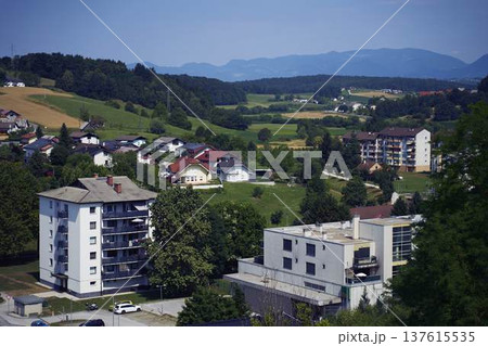 Panoramic view of the town of Sentjur in Slovenia with mountains in the background Panoramic view of the town of Sentjur in Slovenia with mountains in the background 137615535