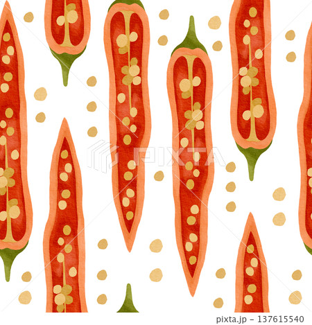 Hand-drawn watercolor seamless pattern made of red hot chili pepper and chili seeds illustrations for packaging 137615540