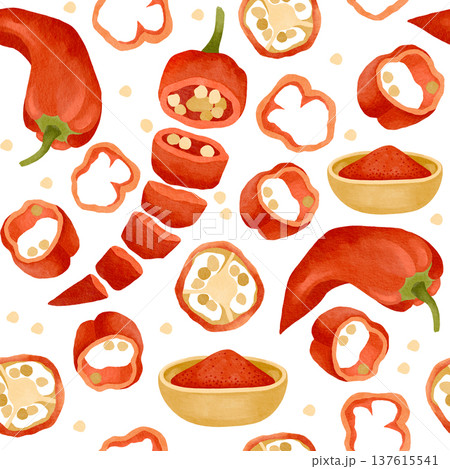 Hand-drawn watercolor seamless pattern made of red chili pepper, chili powder spice and slices illustrations for packaging Hand-drawn watercolor seamless pattern made of red chili pepper, chili powder spice and slices illustrations for packaging 137615541