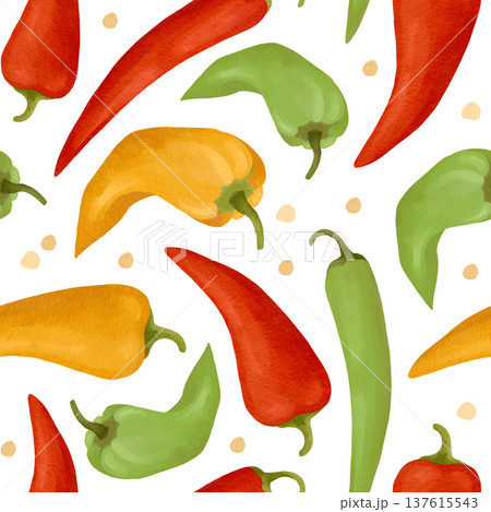Hand-drawn watercolor seamless pattern made of chili, ramiro, jalapeno pepper detailed illustrations in green, yellow, red color Hand-drawn watercolor seamless pattern made of chili, ramiro, jalapeno pepper detailed illustrations in green, yellow, red color 137615543