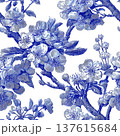 Blue Vintage Engraved Cherry Blossom Toile Pattern 137615684