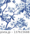 Blue Vintage Engraved Cherry Blossom Toile Pattern 137615688